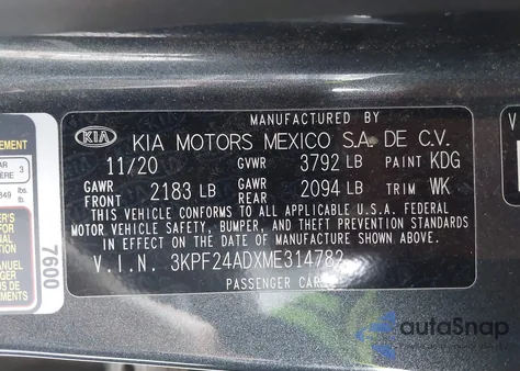 2021 Kia Forte Fe z USA, uszkodzony, nr VIN 3KPF24ADXME314782